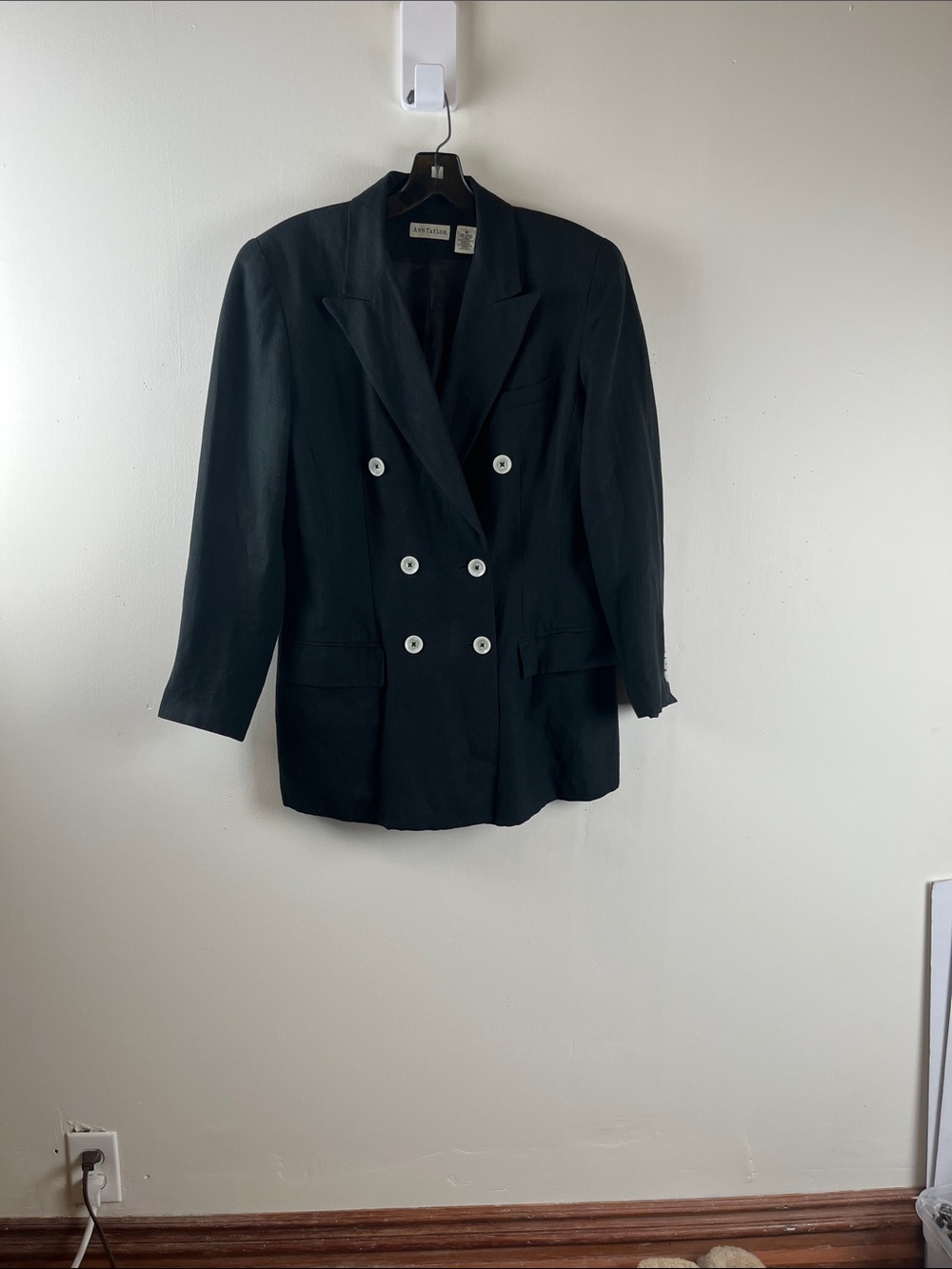 Ann Taylor Double-Breasted Black Blazer with White Buttons
